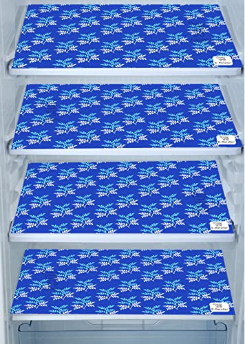 Image of Polyester 3-Layered Fridge Top Cover /Refrigerator Cover with Utility Pockets and Set of 4 Pc Fridge Mats (Color- Leaf Blue, Size-39x21 Inch)
