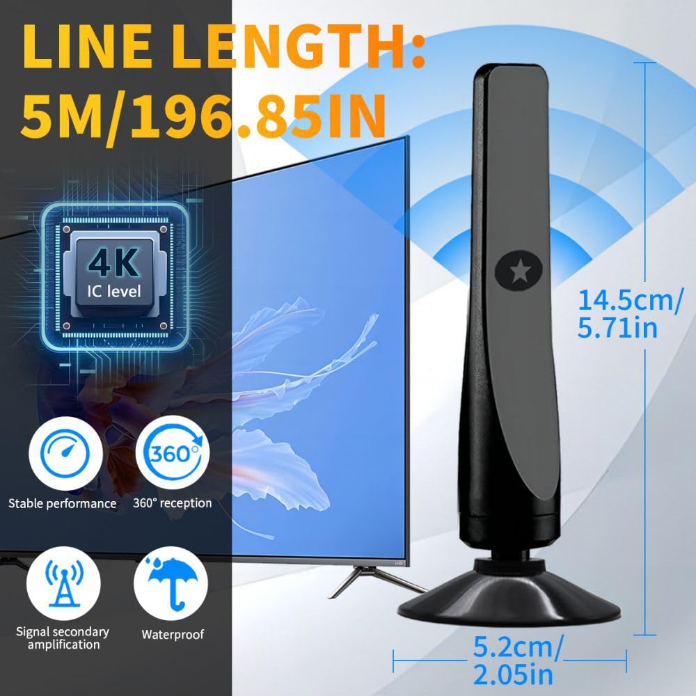 Antenna TV digitale per interni aggiornata 2025 con amplificatore di segnale – Ricezione a lungo raggio di 80 km, supporta Freeview 4K/1080P HDTV per Smart TV, cavo coassiale da 3M e design