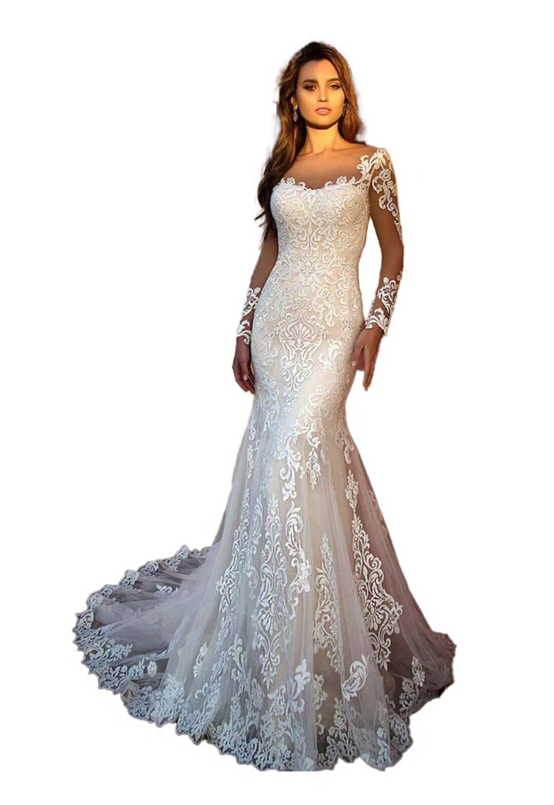 Beach Mermaid Wedding Dresses for Bride 2025 Lace Appliques Tulle Boho Bride Dress with Train