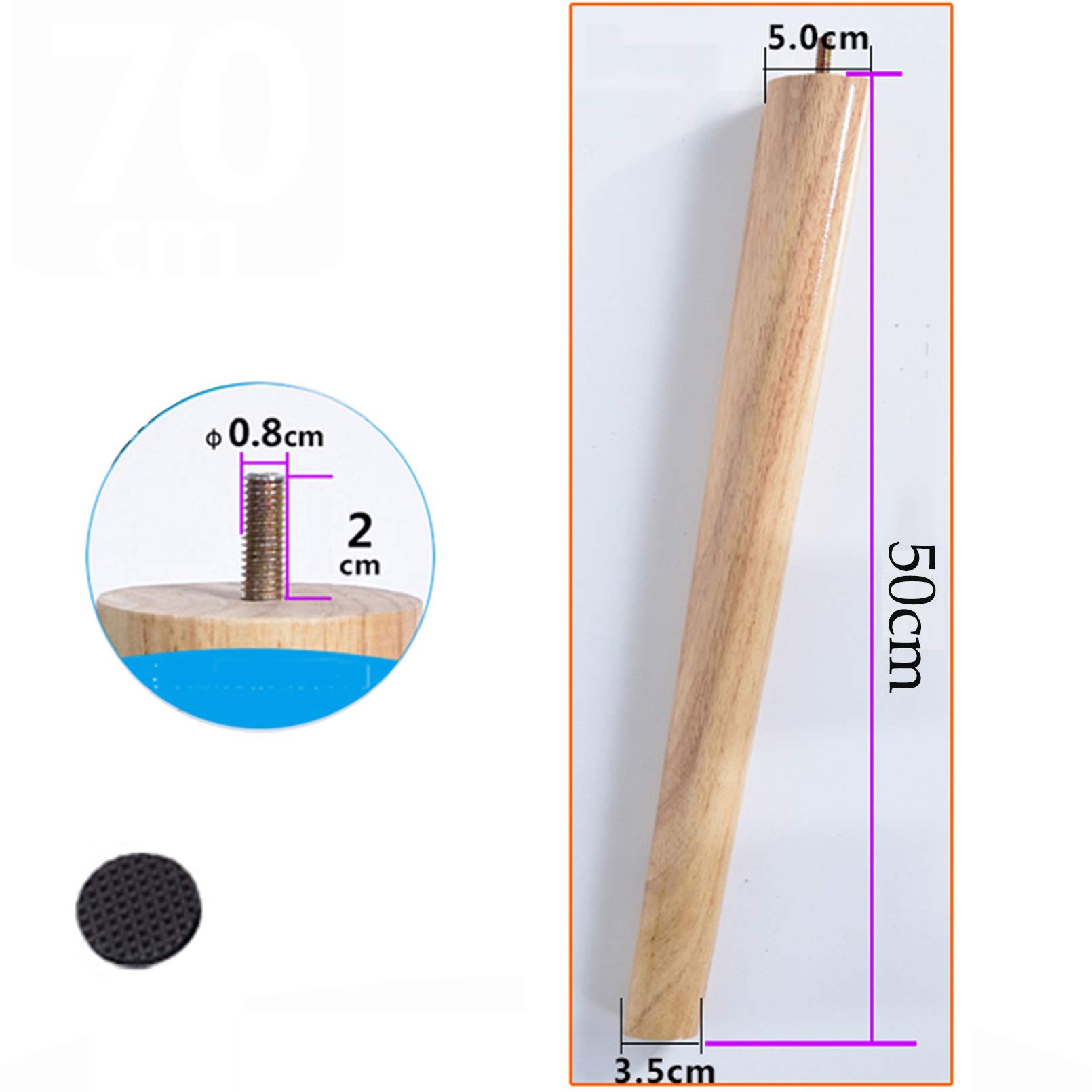 Confezione Da 4 Gambe Di Ricambio Coniche In Legno Di Gomma Con Tappetini Antiscivolo M8 Di Varie Dimensioni(Obli,50Cm/19.7In)