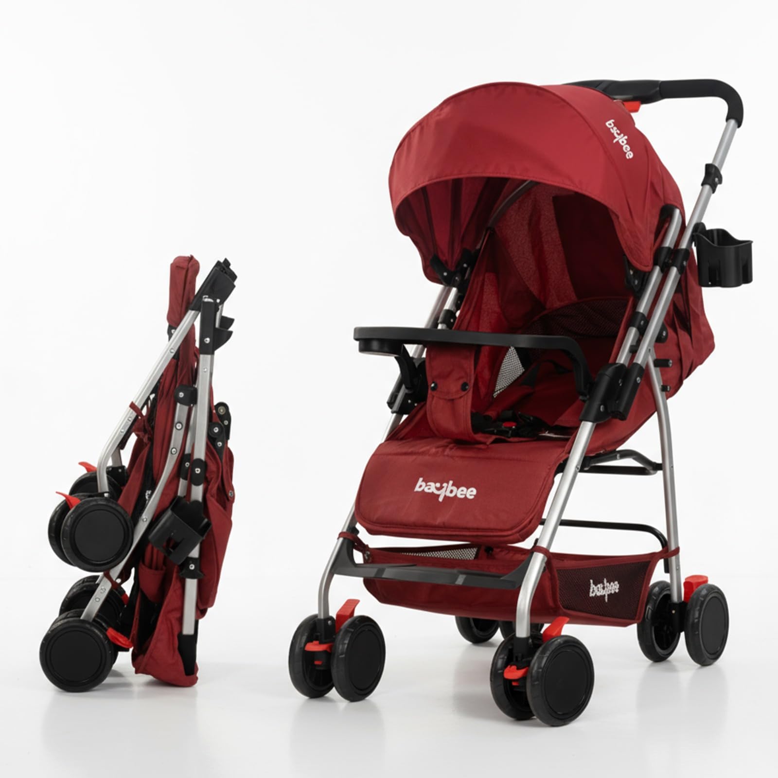 Baybee Convertible Infant Baby Pram Stroller for Newborn Babies with 3-Position Adjustable Seat & Canopy, Reversible Bassinet & 5 Point Safety Belt | Baby Stroller for Toddlers 0 to 3 Years Boy Girl (Red)-image-8