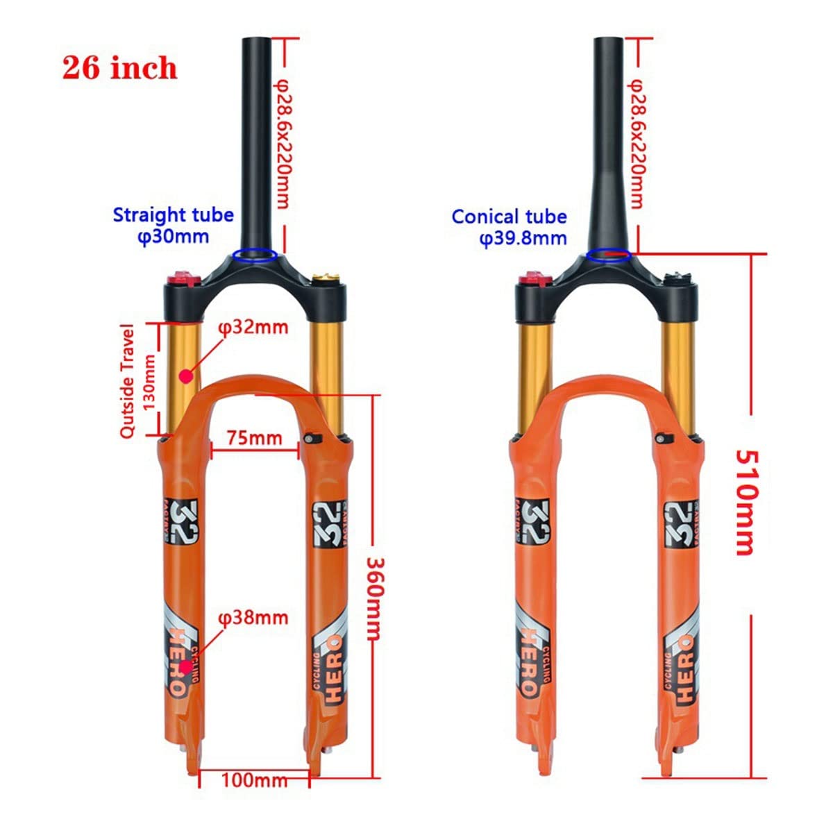 Forcella Ammortizzata MTB 26/27.5/29 Pollici – Corsa 100mm, Pneumatica, Freno A Disco, QR 9mm, In Alluminio E Magnesio