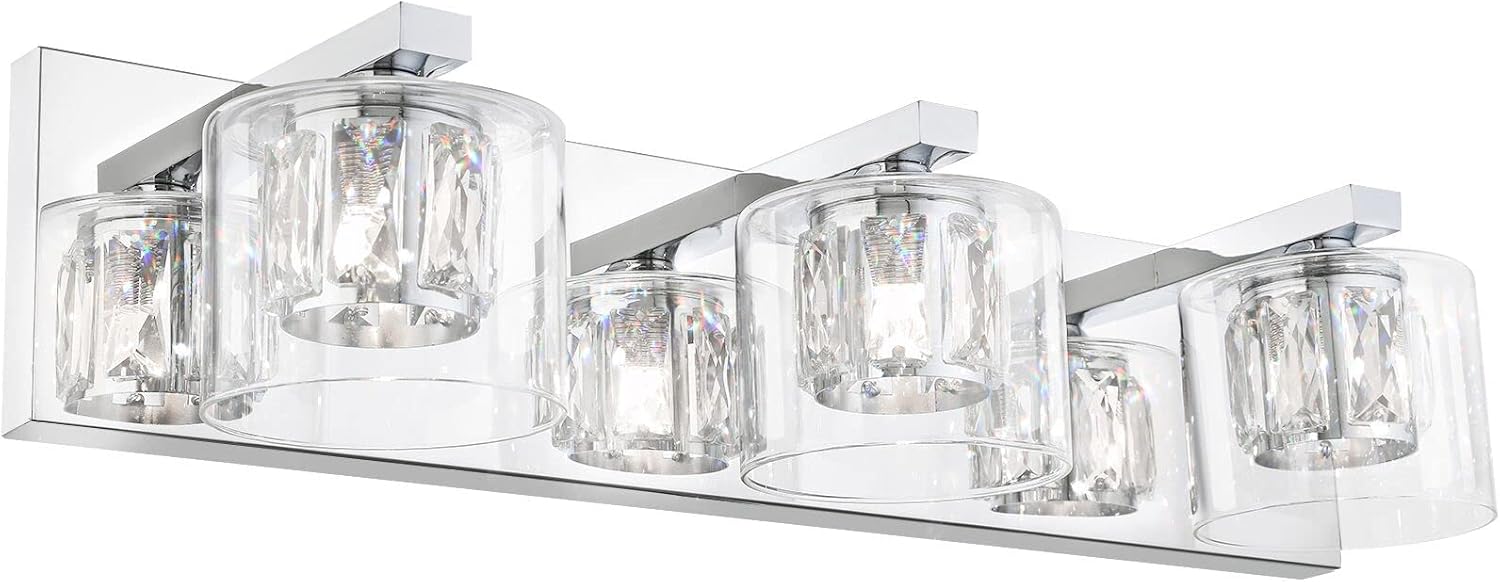 One-Day Sale: Up to 60% Off HEWEGO 3-Light Bathroom Light Over Mirror Chrome Vanity Light Modern Crystal Bathroom Lighting Stainless Steel Clear Glass Wall Lighting Fixtures 22 inch