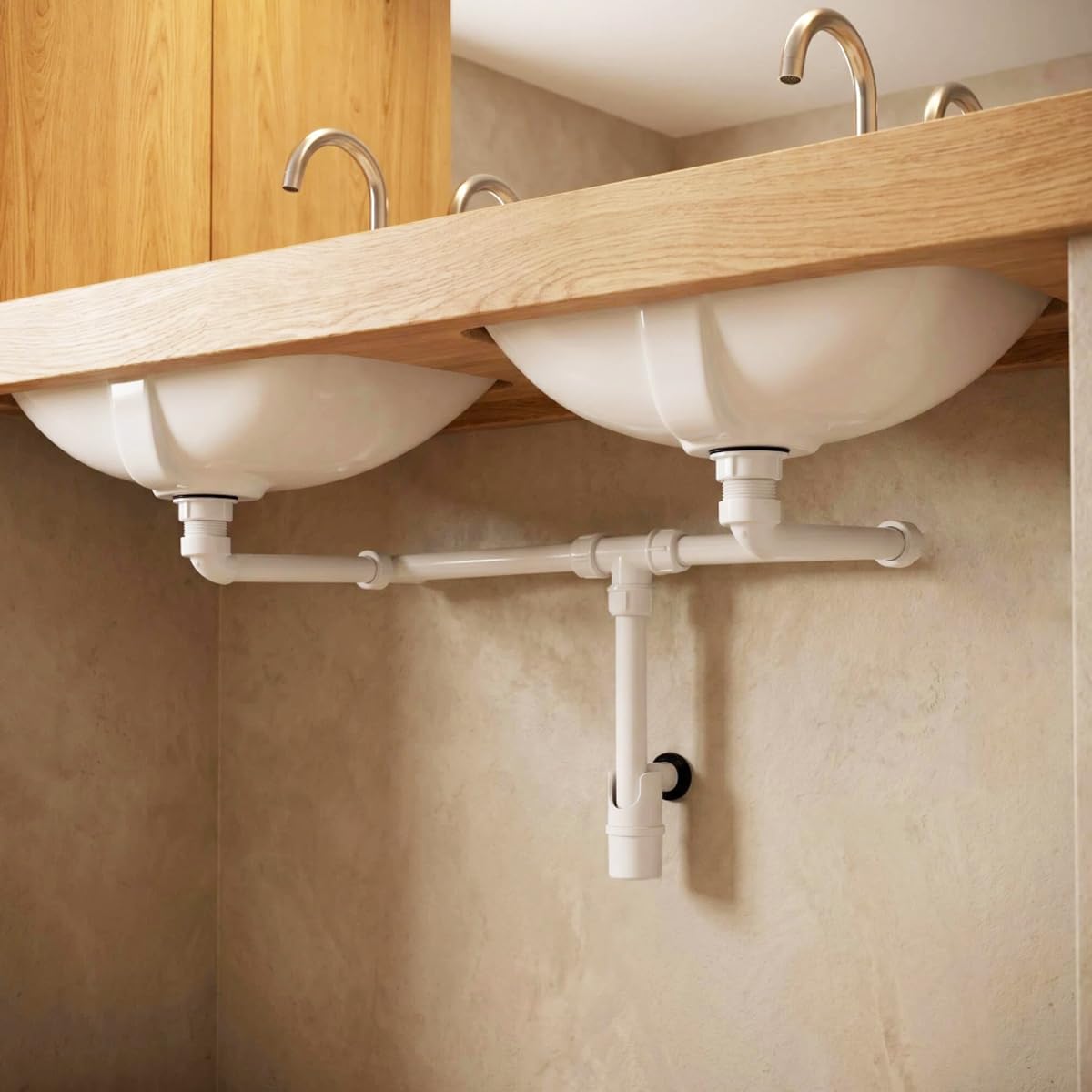 Sifone doppio per lavabo, sifone tubolare salvaspazio per bagno, G 1 1/4" (DN32), scarico per lavabo, con apertura per la pulizia e filtro per capelli, sifone da bagno