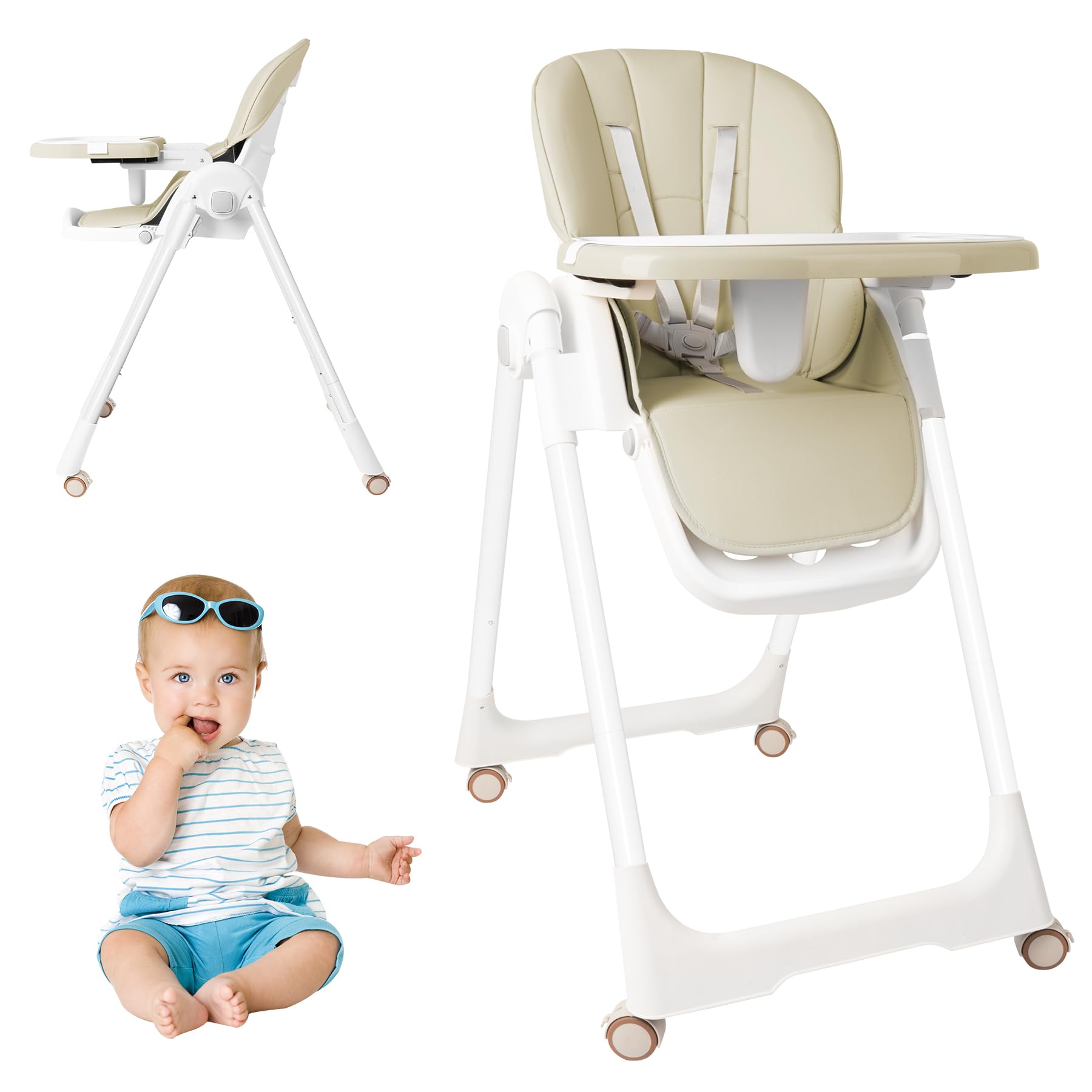 ACXIN Trona plegable para bebé, silla de comedor infantil ajustable en altura con bandeja de doble capa y cinturón de seguridad, trona portátil con función reclinable para el hogar y al aire libre,