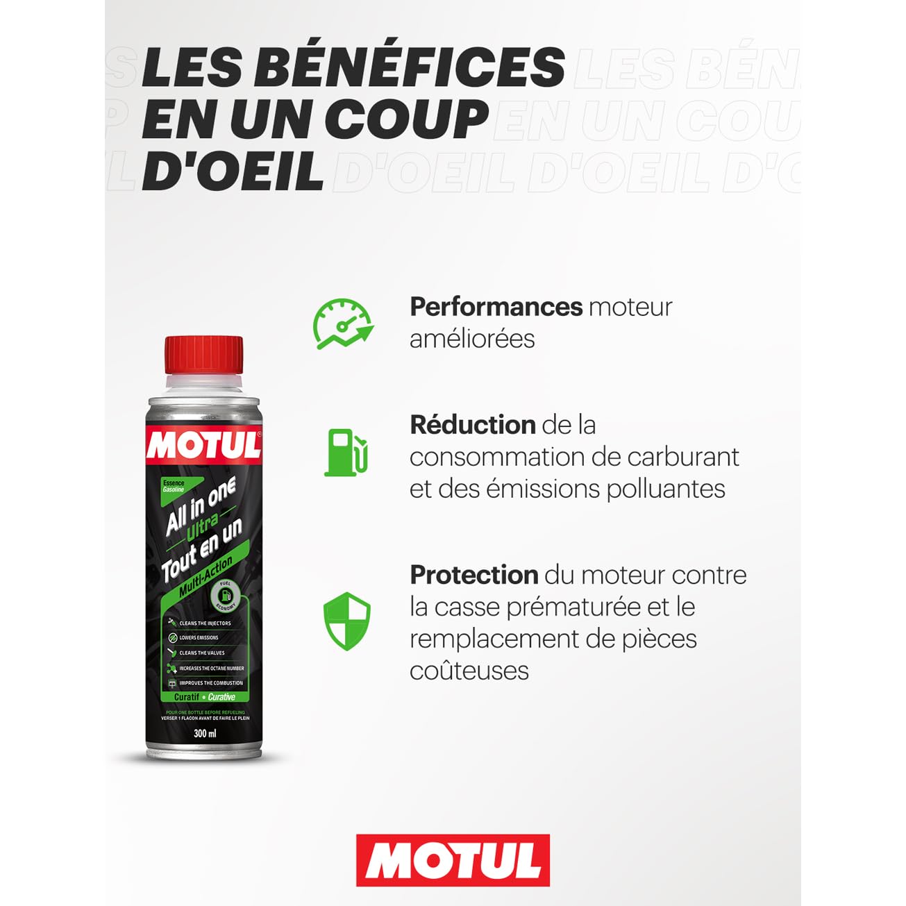 Motul - Additif Tout En Un Multi-Action Essence - Nettoyant Injecteur et Carburateur Curatif - Réduction Consommation et Émissions - Idéal Avant Contrôle Technique - All In One Ultra Gasoline - 300 ml