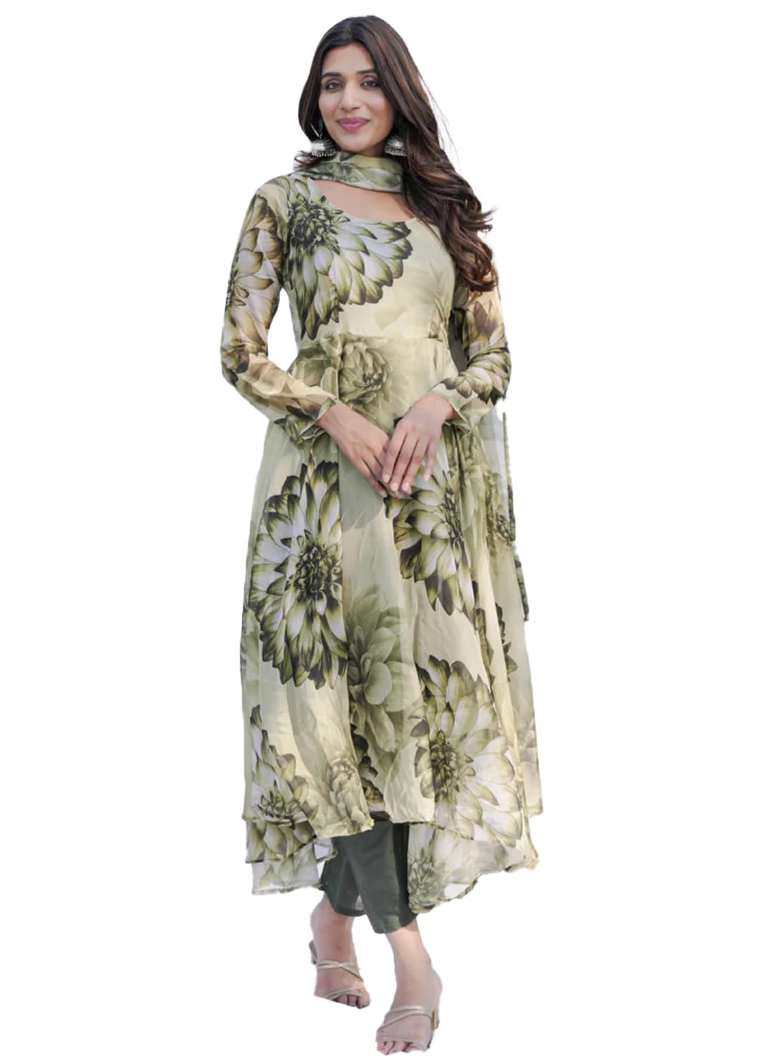 Sitaram Designer Digital Print Green Organza Flared Kurta Dupatta & Pant Set - Elegant Embroidery with Cambric Cotton Lining