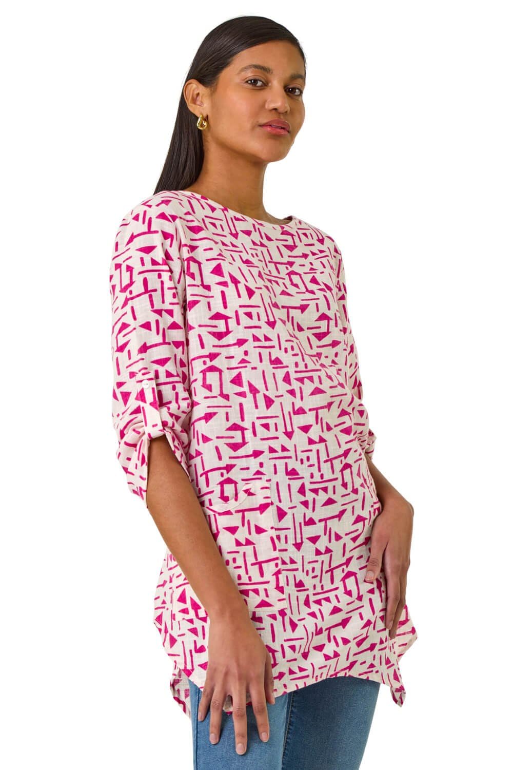 Roman Originals Women's Pink Abstract Roman Geometric Pocket Detail Longline Cotton Top For Uk - Everyday Holiday Spring Summer Round Neckline Comfy Soft Evening Vacation Work Party - Size 10