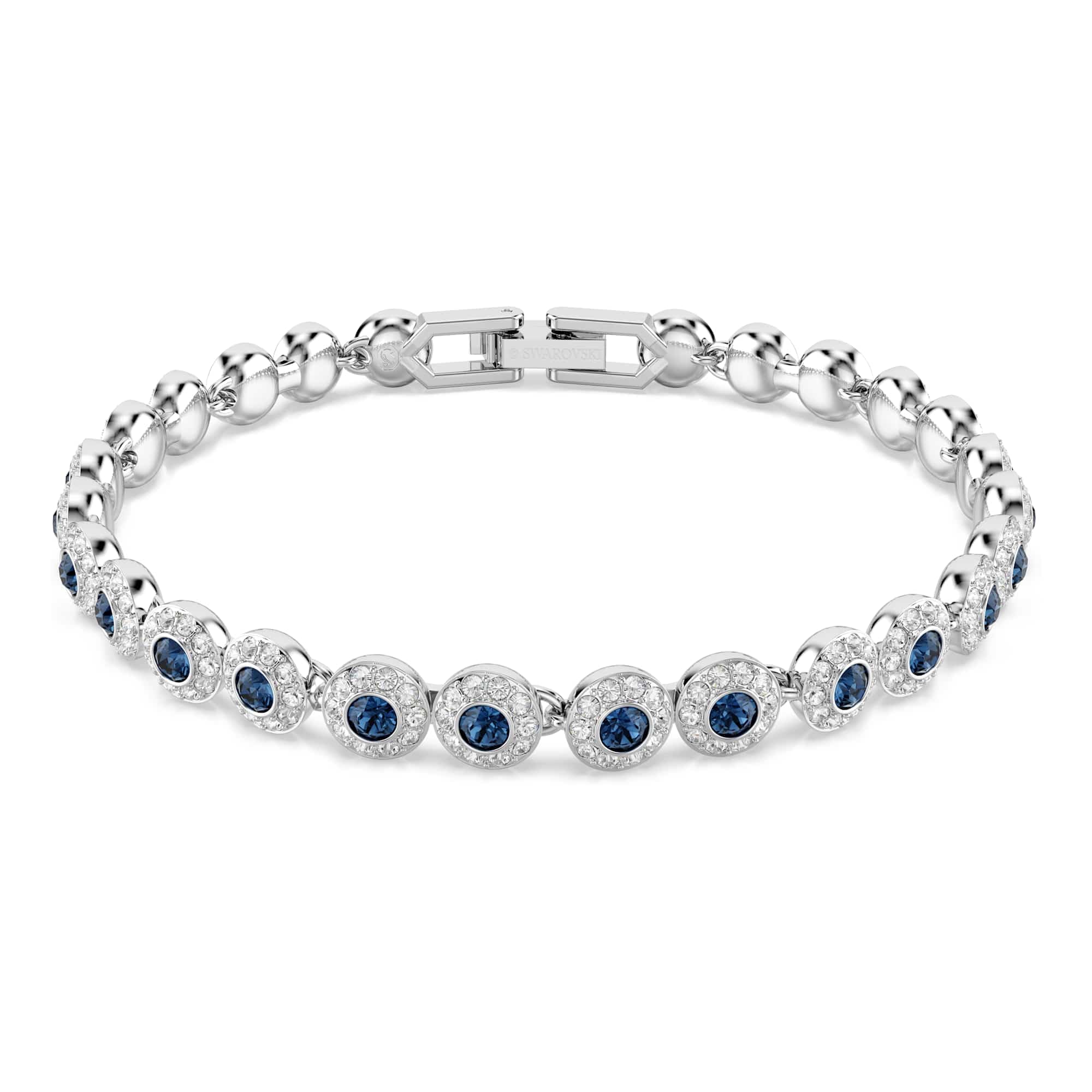 Swarovski Una Angelic Bracciale Tennis, con Pavé di Cristalli Blu, Pietre Preziose a Taglio Round, Chiusura a Scomparsa con Extender, Placcatura in Tonalità Rodio, 16,5-19 cm, 0,6 cm