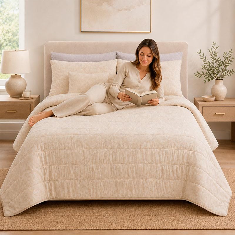 Rufino Díaz Colcha Prelavada Jacquard Alina + Funda de Cojín (Beige - 150 cm) - para una sensación acogedora y de Confort - Tejido Suave, Agradable y Resistente