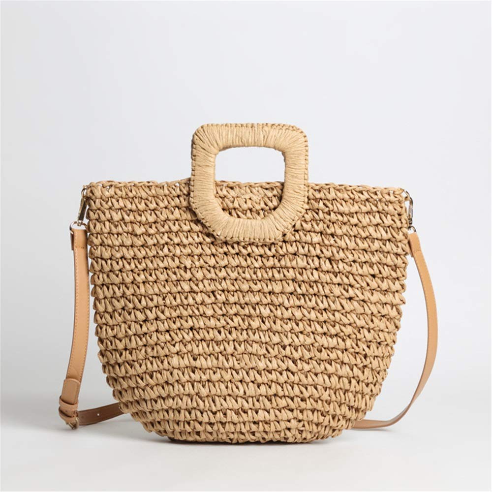 Strohtaschen Hd-Woven Straw Bag Damen One-Shoulder Bucket Bag Polyester Futter Textur, Khaki, 24x36x18cm