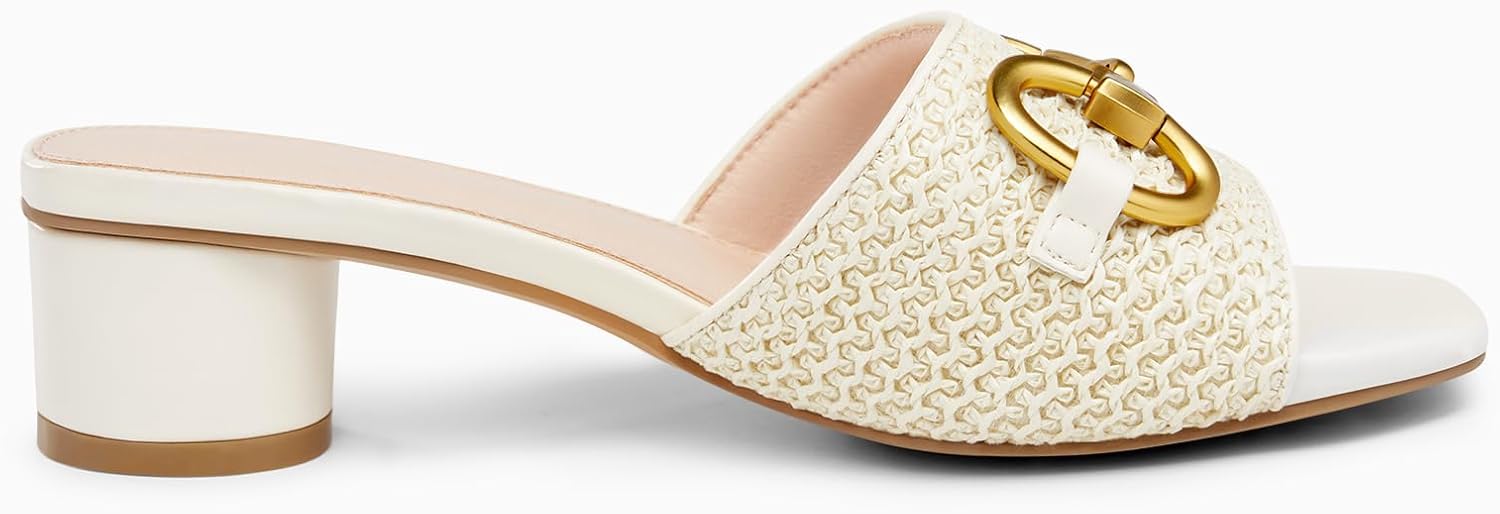 Coutgo Womens Heeled Slides Sandals Square Open Toe Chunky Block Low Heel Metal Chain Dressy Shoes - Image 4