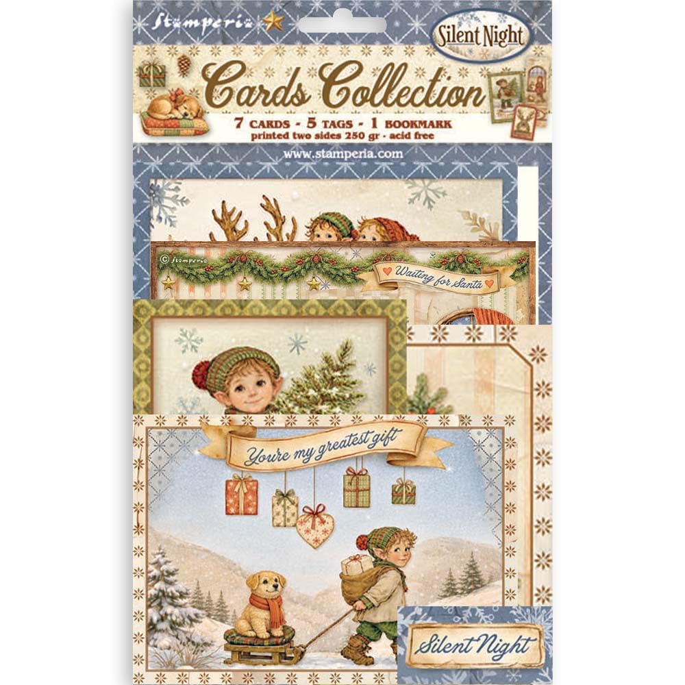 Stamperia - Cards Selection, Acid-Free, Printed on 2 Sides, Choice of Sizes and Designs, Perfect for Hobbies, Crafts and Gifting (Silent Night) (7 Cards, 5 Tags, 1 Bookmark)