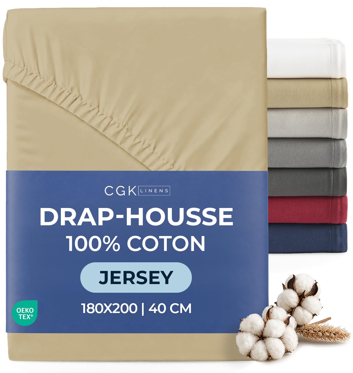 Drap Housse Jersey Coton 180x200 - Grand Bonnet 40cm (16") - Beige | Doux, Infroissable, Respirant, Hypoallergénique, Extensible, Élastique Intégral, Anti-Décoloration, Durable, OEKO-TEX