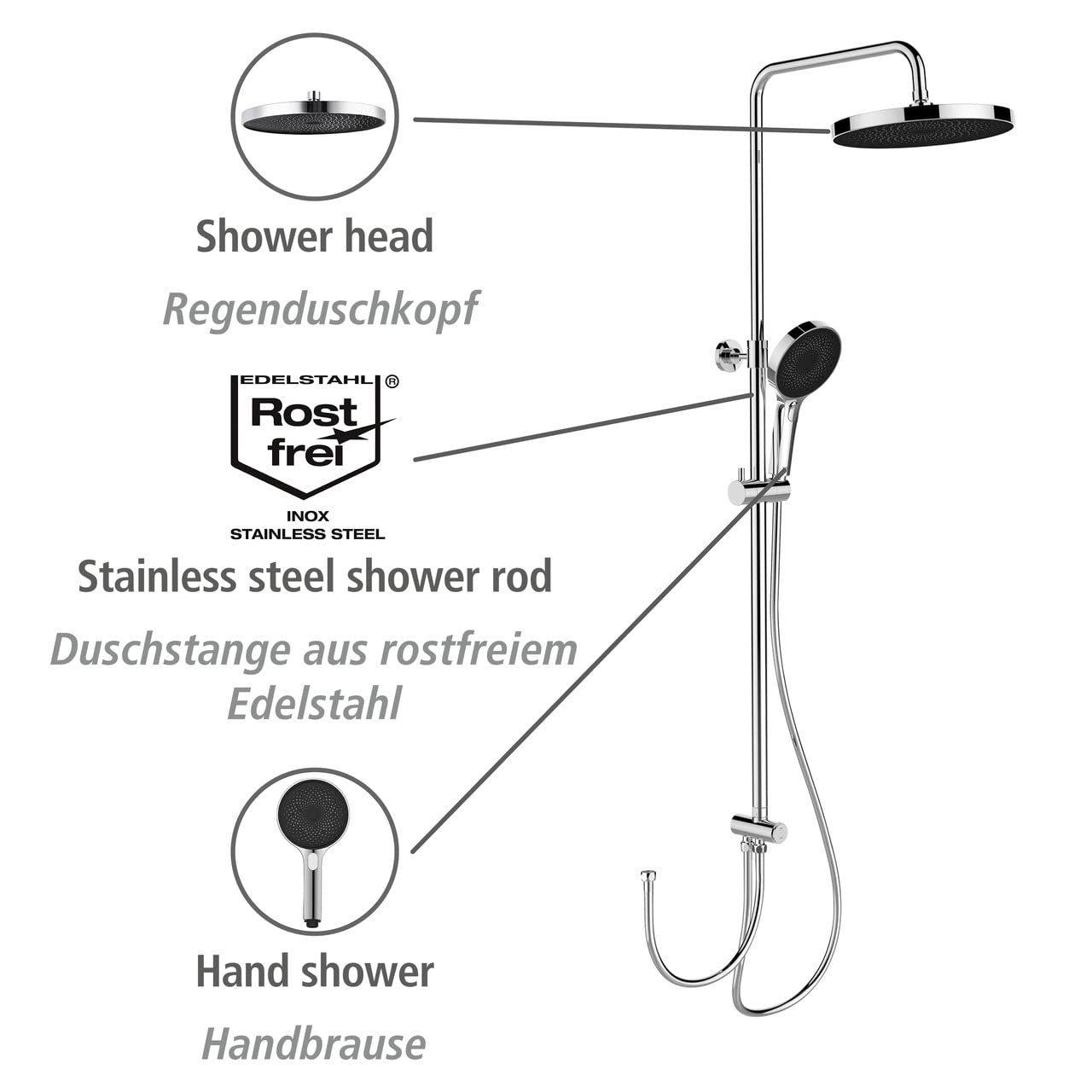 Wenko System prysznicowy Softwater, ze stali nierdzewnej z deszczownicą, wężem prysznicowym i drabinką prysznicową, łatwe podłączenie do istniejącej armatury, regulacja wysokości (75-120 cm), chrom