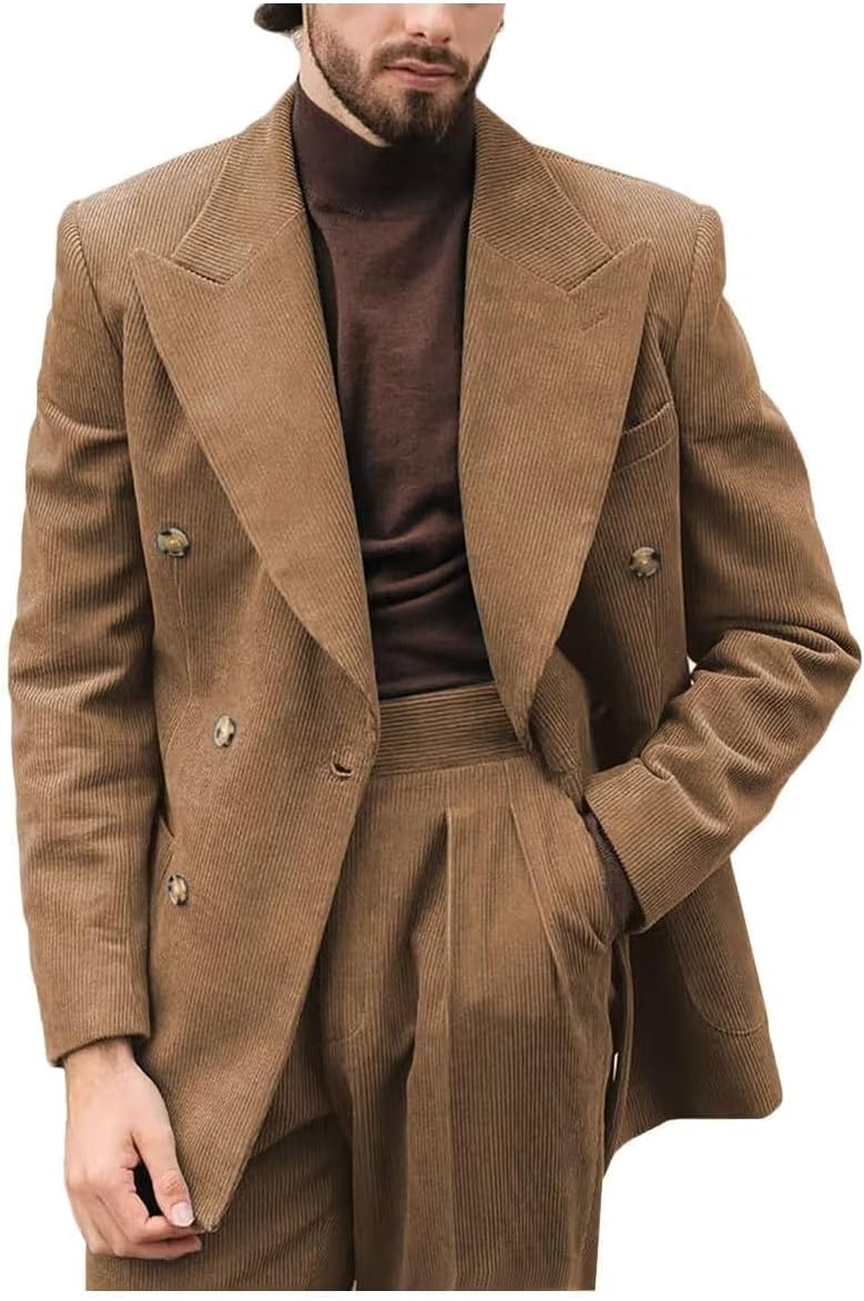 Mens Double Breasted Corduro Suit Slim Fit 2 Piece Peak Lapel Wedding Groomsmen Tuxedos Corduroy Blazer Pants Sets