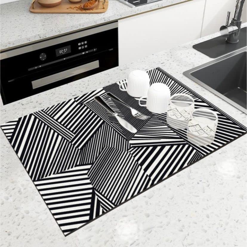 MGNLR High Water Absorbent Dish Utensils Drying Mat, Place Mat, for Countertop Home Kitchen Protector. Assorted Colour (1 pcs) (Black line Dish Dry mat)