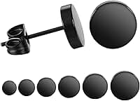Conjunto de brincos redondos pretos de aço inoxidável para homens e mulheres 6 pares de 3 mm - 8 mm (Preto), Aço inoxidável