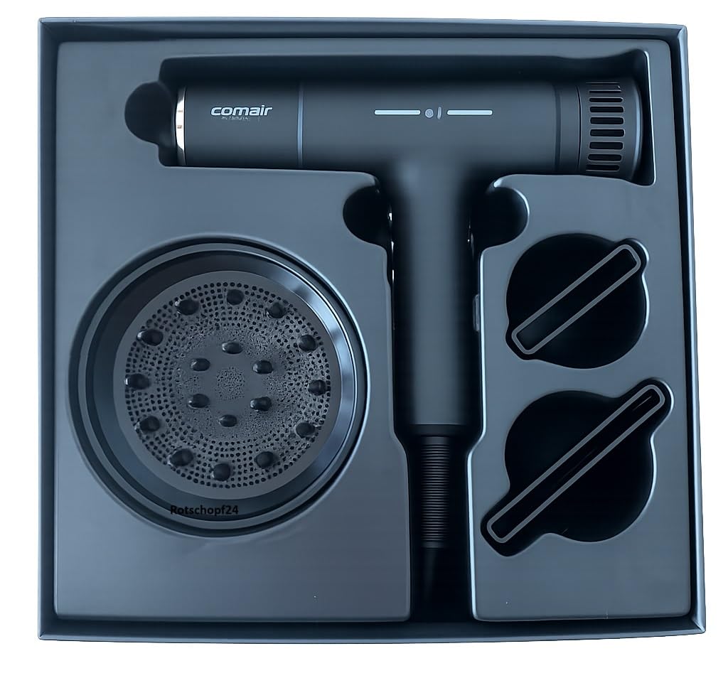 Comair T Power Haartrockner Profi Föhn, Diffusor + 2 Stylingdüsen + Tasche | 2200 W Föhn, Brushless-Motor 70.000 U/min, 3 Temperatur- und 3 Gebläsestufen, Kaltlufttaste, Ionen-Technologie. Sperrschalter