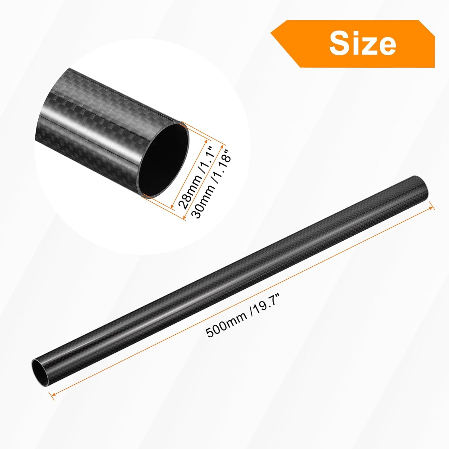 MECCANIXITY Carbon Fiber Tubes, 500mm x 30mm x 28mm 3K Hollow Carbon Wrapped Tubing Round Plain Weave Glossy Surface for Quadcopter Pack of 2