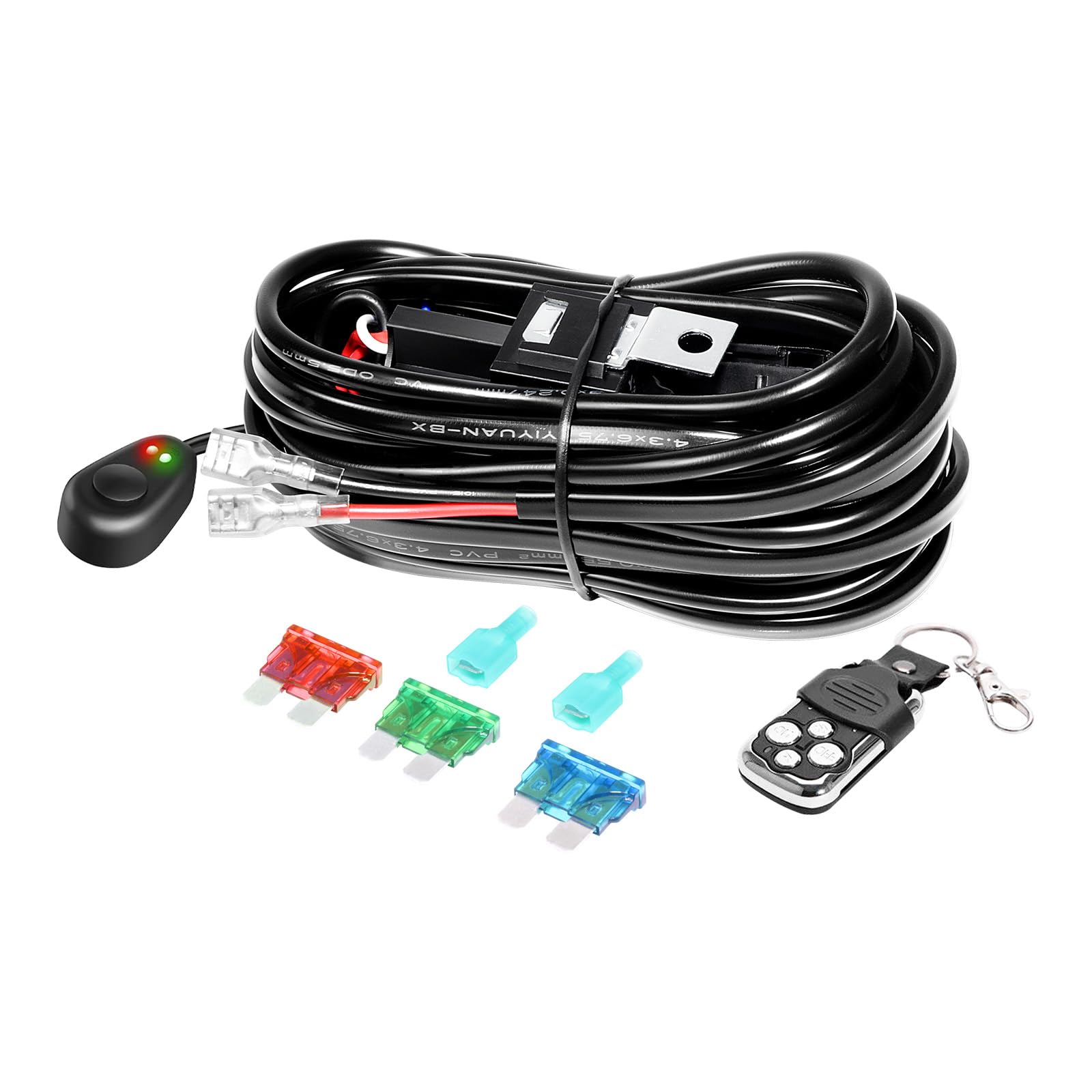 Kit Cavo Barra LED con Telecomando, 12V 40A 16AWG – Interruttore ON/OFF + Strobe, Relè, Fusibile a Lama per Fari Fendinebbia, Veicoli Off-Road, ATV, SUV e Camion (per 1 luce)
