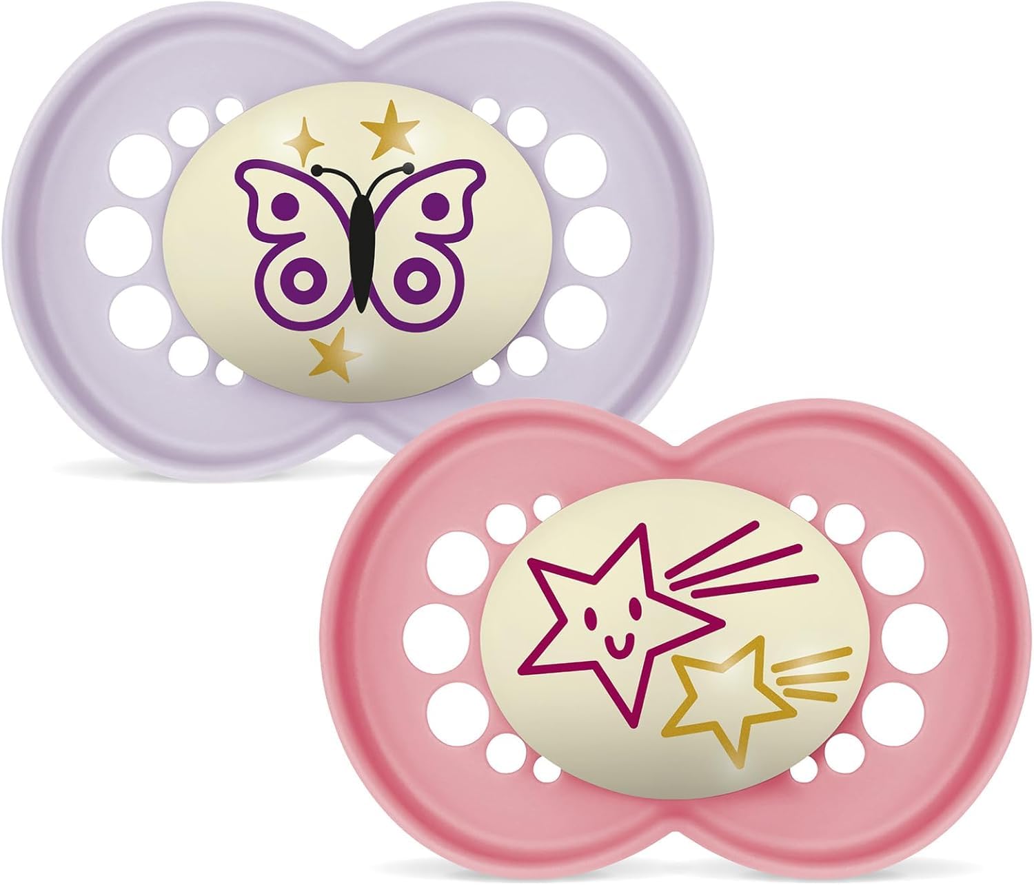 MAM Original Night Succhietto 16+ Mesi (Set da 2), Ciuccio MAM 16 36 mesi che si illumina al buio con tettarella in caucciù, Kit da 2 accessori neonato con porta ciuccio sterilizzatore, Rosa/Lilla