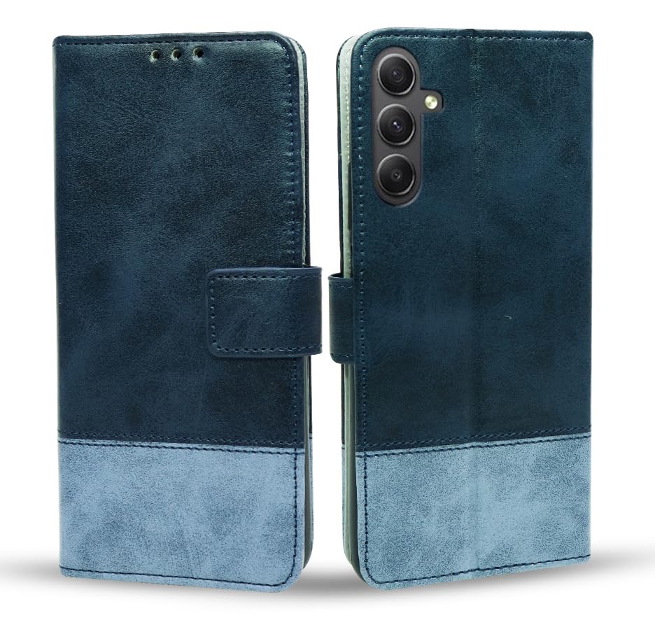 SESS XUSIVE Flip Back Cover Case for Samsung Galaxy A34 5G Dual-Color Leather Finish Inbuilt Stand & Pockets Wallet Style Flip Case - Blue & Sky Blue 1