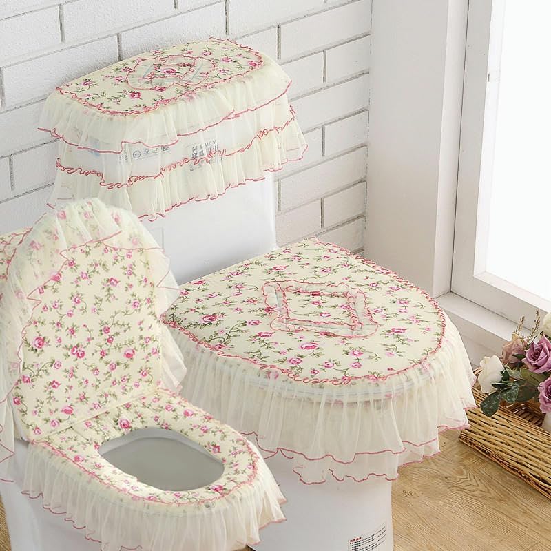 Toilet lid cover 3pcs Set Toilet Lid Cover Lace Flower & Tank Covers Seat Cushion Pads(Large Flower)