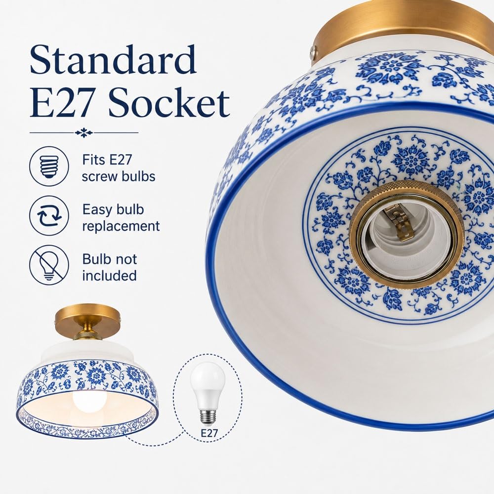 Jadssox Niebiesko-biała Ceramiczna Lampa Sufitowa W Stylu Vintage Złota Plafon, Porcelana Blisko Lamp Sufitowych Do Przedpokoju Kuchnia Przedpokój Foyer Balkon