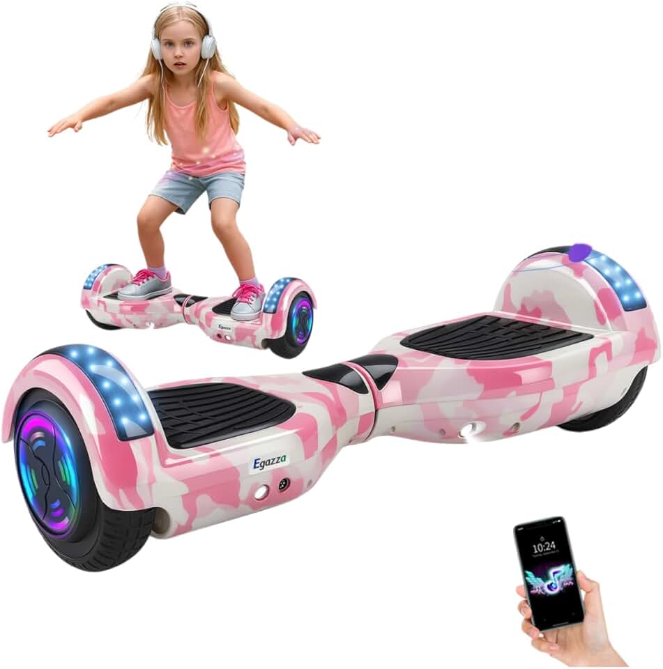 Egazza Hoverboard Skate1 Elétrico 6,5” com Bluetooth e Rodas LED, Scooter de Equilíbrio para Crianças e Adolescentes, Camuflagem Rosa