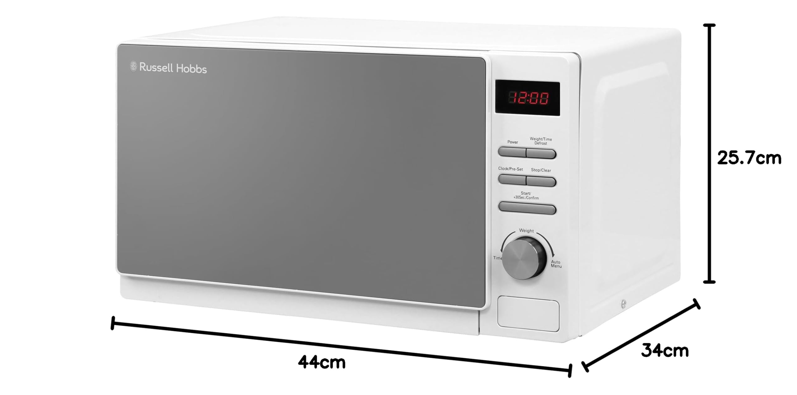 Russell Hobbs RHM2079A Digitale Solo-Mikrowelle 20 L 800 W 5 Leistungsstufen automatisches Auftauen 8 Kochmenüs Uhr Timer Weiß