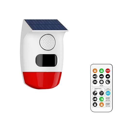 PGST Solar Motion Sensor Alarm,120dB Loud Sound Motion Detection,IP65 Waterproof Security Siren with Strobe Light, 3 Modes for Yard,Farm,Home