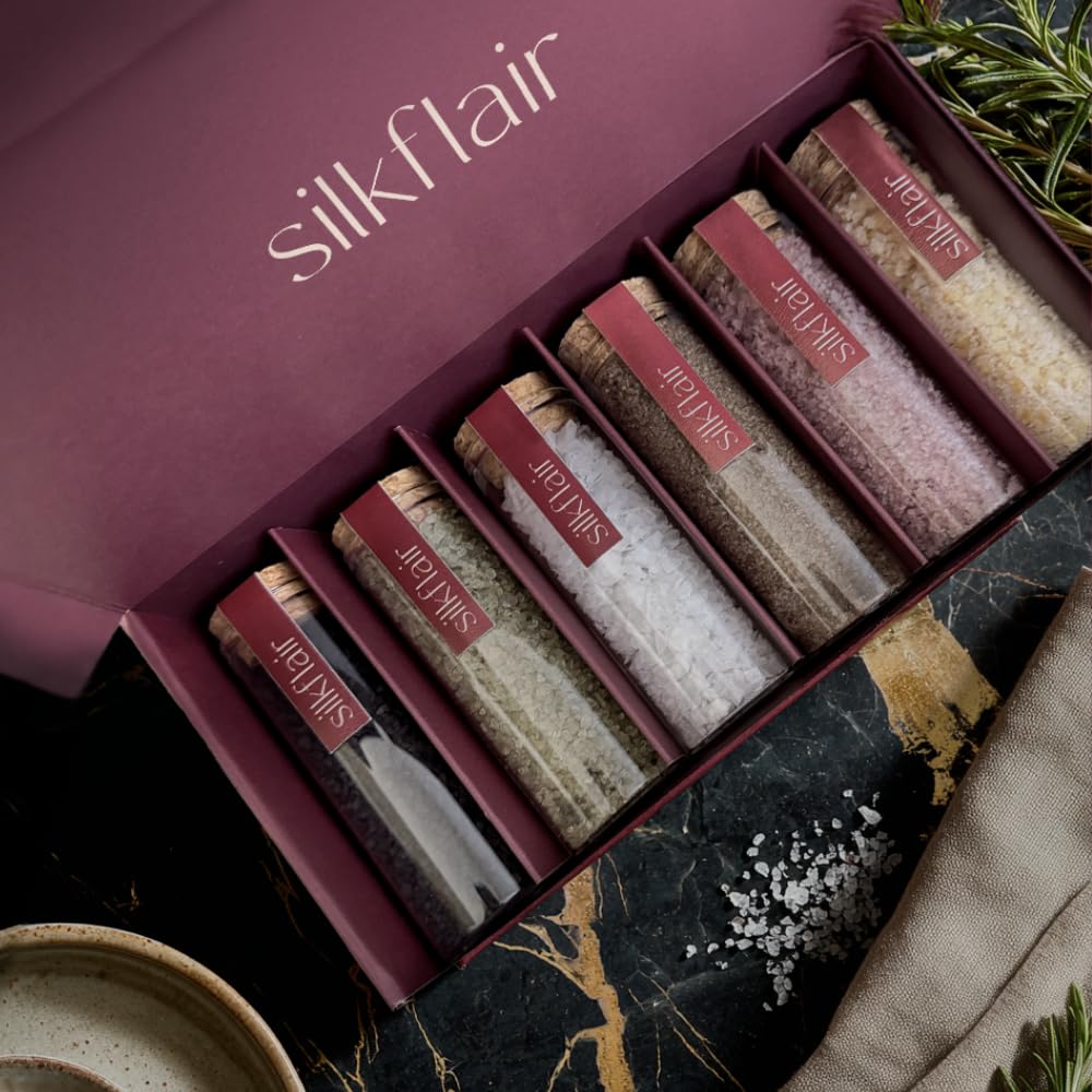 Silkflair - Set regalo 6 sali pregiati "58,44, La bellezza del sale” | Special Edition gourmet con sali decorativi e aromatici (nero e verde Hawaii, piramidale, affumicato ciliegio, Syrah, aglio)