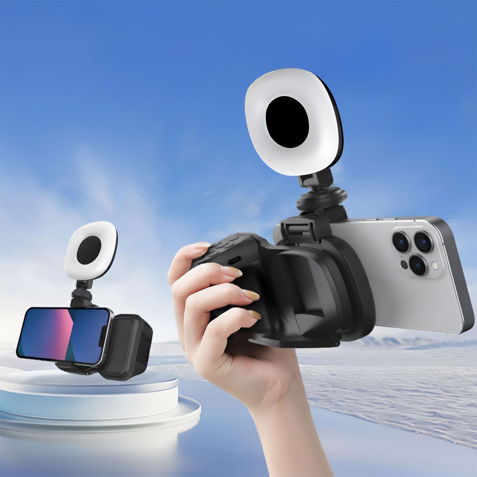 Poignée d'appareil photo pour téléphone avec anneau lumineux et télécommande Bluetooth amovible, déclencheur à distance TikTok, griffe pour lumière/micro, compatible avec iPhone et téléphone Android
