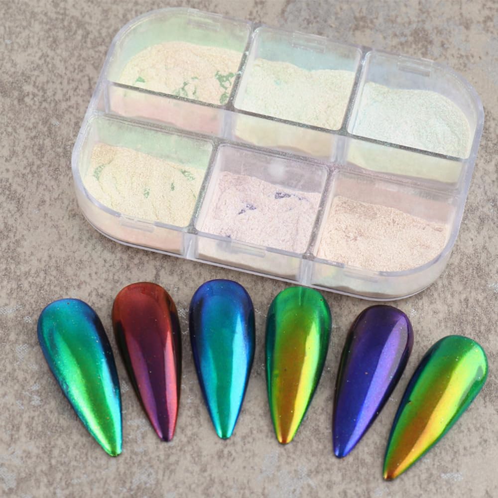 6 griglie cromate glitterate per unghie, polvere per unghie, polvere per unghie, polvere per unghie, decorazione per nail art, artigianato in resina (01_Aurora)