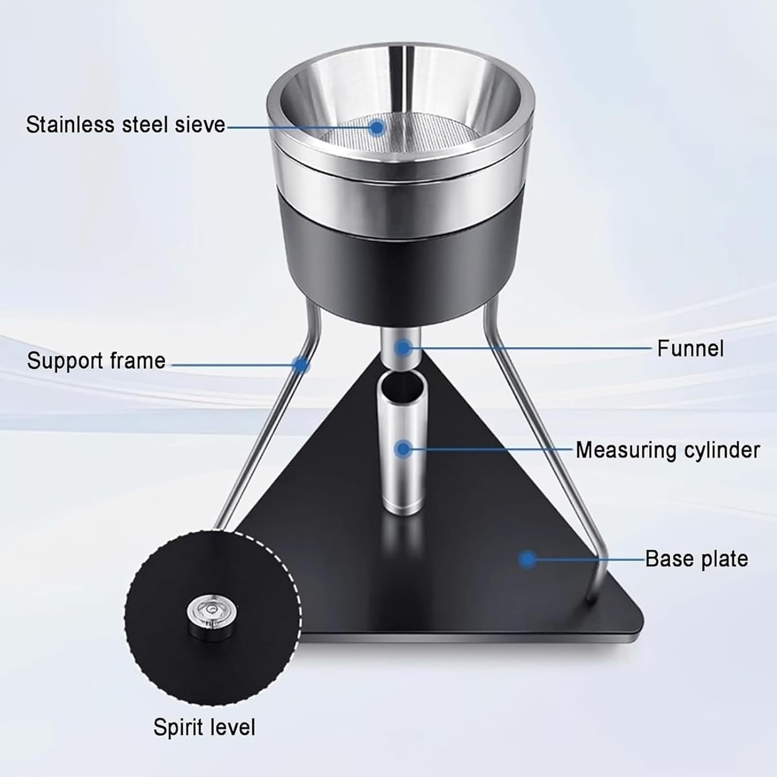 Este densímetro de Acero Inoxidable con Cilindro Graduado de 30 ml, Malla de 0,5 mm y Embudo de 15 mm con ángulo de 40° es Ideal para Pruebas farmacéuticas y químicas.