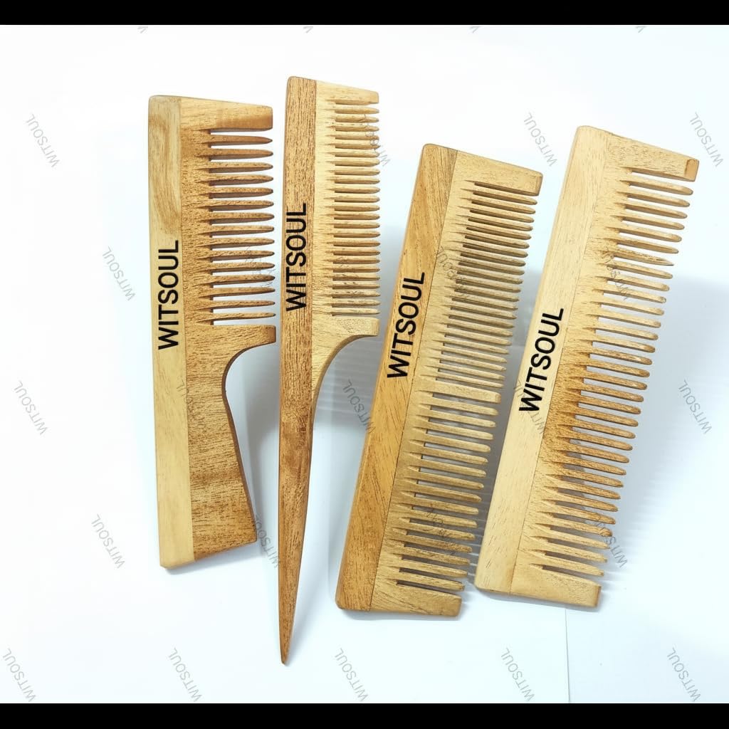 WITSOUL Neem Wood Comb ORGANIC/Ayurvedic/Anti-Dandruff Comb For Men And Women/Brown color/ (SET OF 4) (2patticomb)-image-13