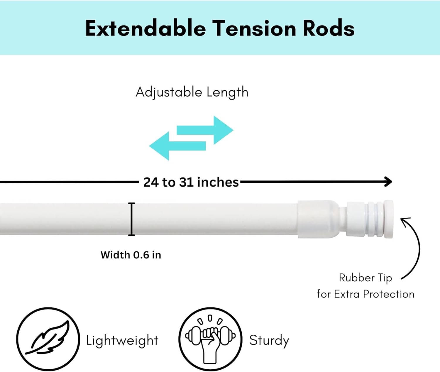 Adjustable Tension Rod - No Tools Needed - Perfect for Lightweight Voile Curtains, Rubber Tips for Secure Fit - Easy Installation for Home Use (Set of 2 White, 24-31 inches)