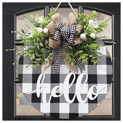 spring door wreath decoration, Black and White Buffalo Plaid Check Decor,Front Door wreath,Welcome Wooden Sign for Farmhouse Porch door ,spring summer Wooden Door Hanger and Wall Decor,kitchen decor-12 inch