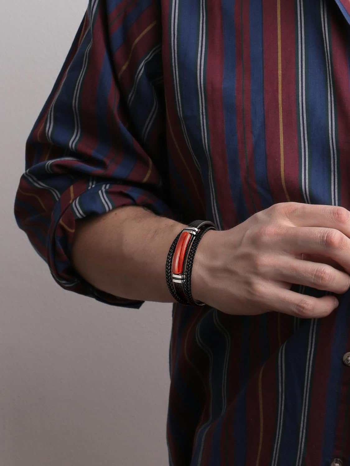 Mens Black Leather Obsidian/Turquoise/Tiger Eye/Red Agate Bracelet–Braided Multi‑Layer Wristband Cuff Bangle Bracelet with Stainless Steel Clasp Gift Jewelry Box Included-8.3in - Image 3