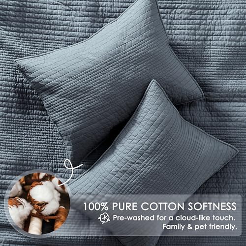 Image of PALASSIO Striped Blue Grey 100% Cotton Quilt California Cal King Size Bedding Sets, Oversized Lightweight Channel Pick Stitch Textured Bedspread Soft Farmhouse Country Coverlet for All Season, 2 Shams