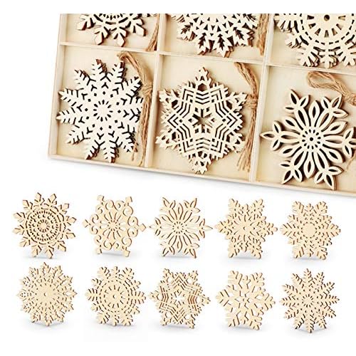 ilauke 30pcs Wooden Snowflakes Ornaments 4 inch Wood Hanging Decorations Rustic Christmas Tree Ornaments Natural