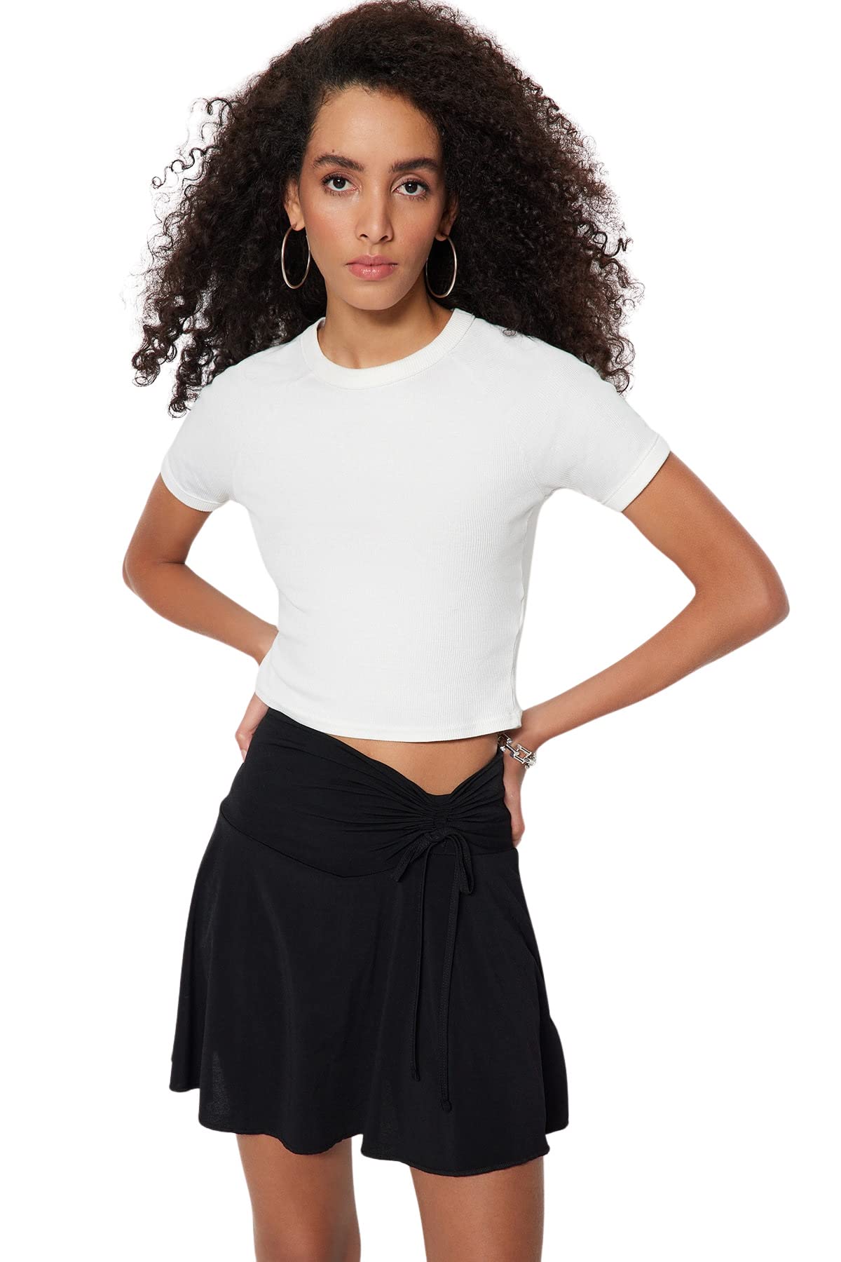 Trendyol Woman Flared Skirt Fitted Knit Skirt,Black,L