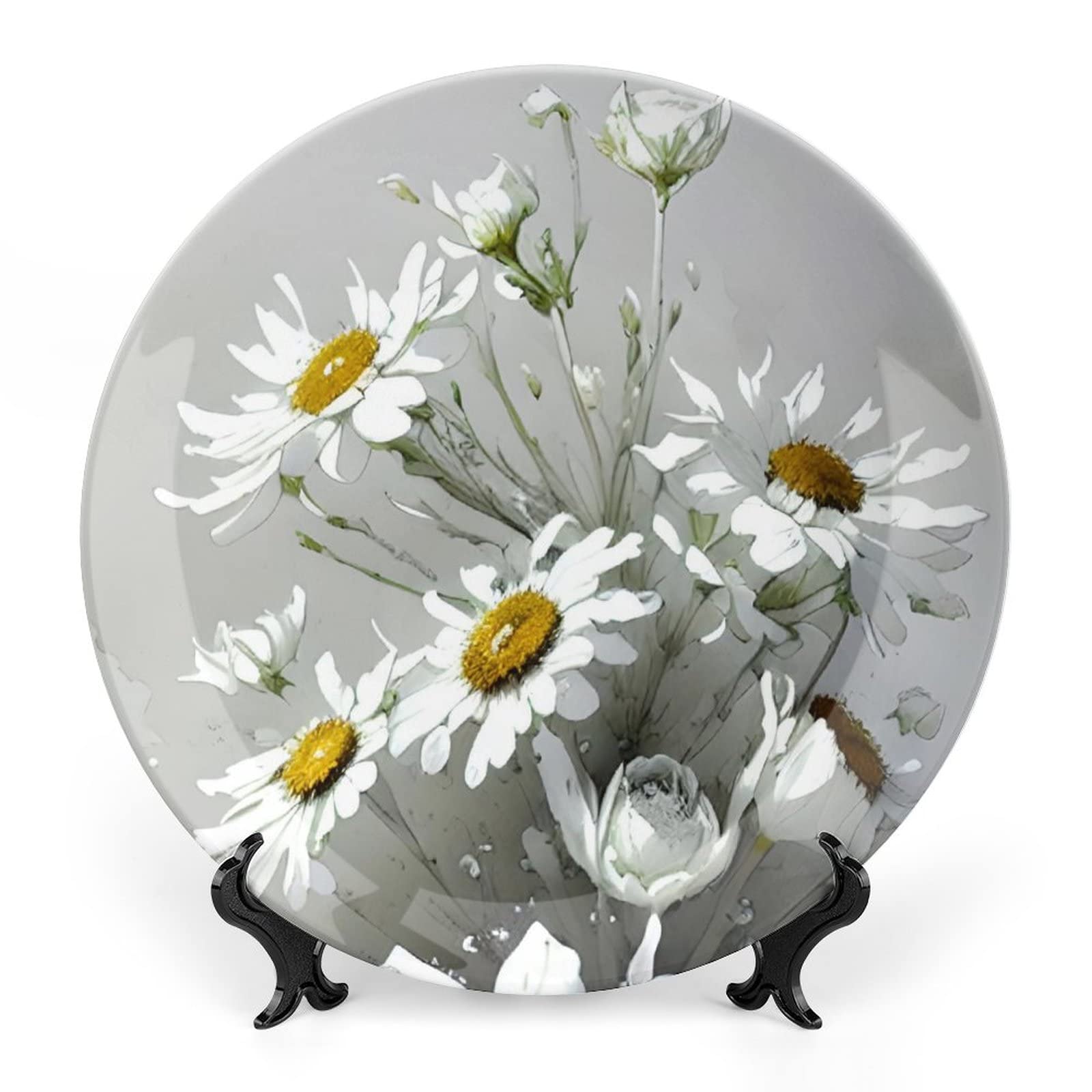Gokays Decorative Plates, Watercolor White Daisy Floral Painting Ceramic Plate, Wobble-Plate with Display Stand, Home Decor for Living Room Bedroom, Farmhouse Wall Hanging Round Plate Sign 20 CM