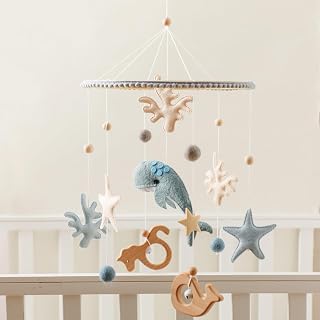LetsMake Ocean Whale Crib Mobile - Handmade Gender Neutral Nursery Mobile for Baby Boys Girls, Soothing Bamboo Sensory Toy Baby Shower Gift