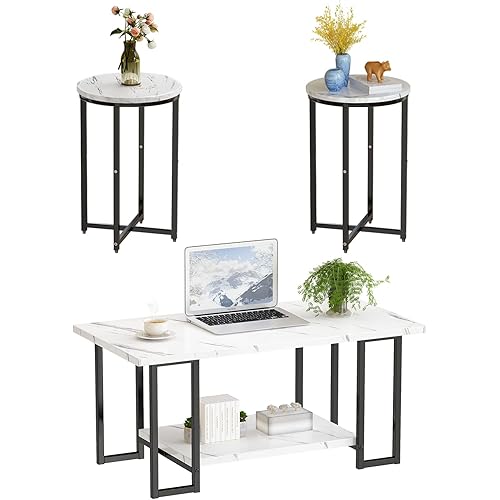 AWQM Coffee Table Set of 3, Faux Marble Coffee Table with 2 Round End Side Tables, Modern Living Room Table Set with Metal Frame for Apartment Home Office, White Black