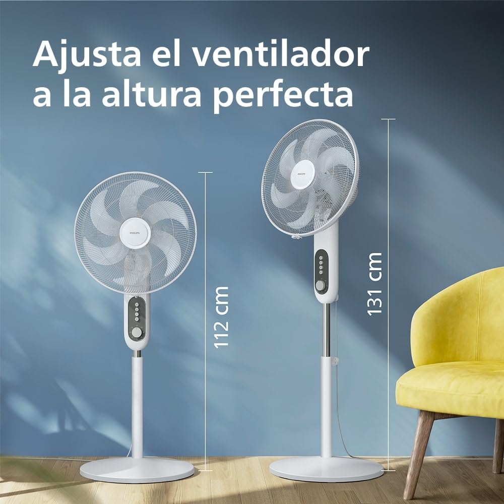 PHILIPS Ventilador de Pedestal Serie 1000 - Potente y Silencioso, 38 dB, Altura Ajustable, Inclinable y Giratorio, Temporizador, Blanco (CX1220/00)
