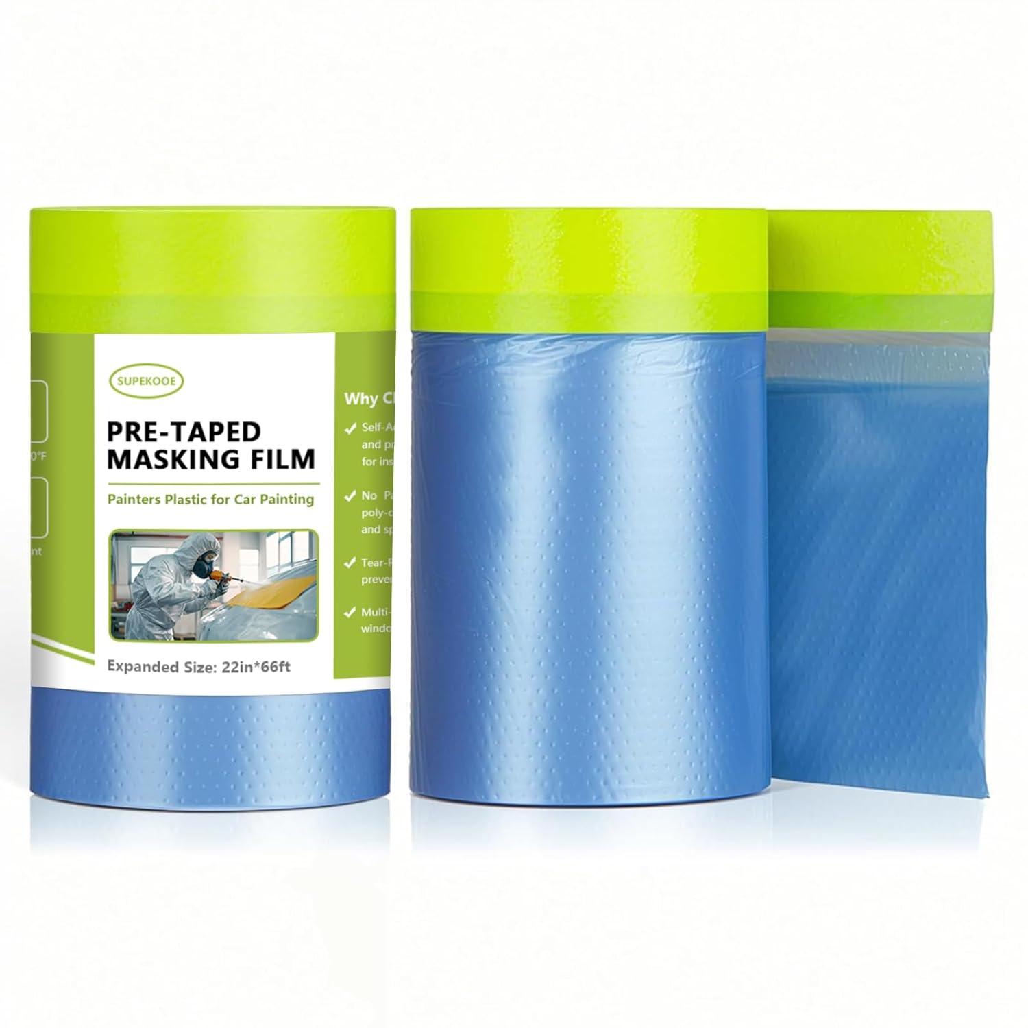 Painters Plastic with Tape 22" x 66',Pre-Taped Masking Film Reinforced Tape and Drape,Tear-Resistant Plastic Painting Film for Car Painting & Home Renovation (5 Rolls)