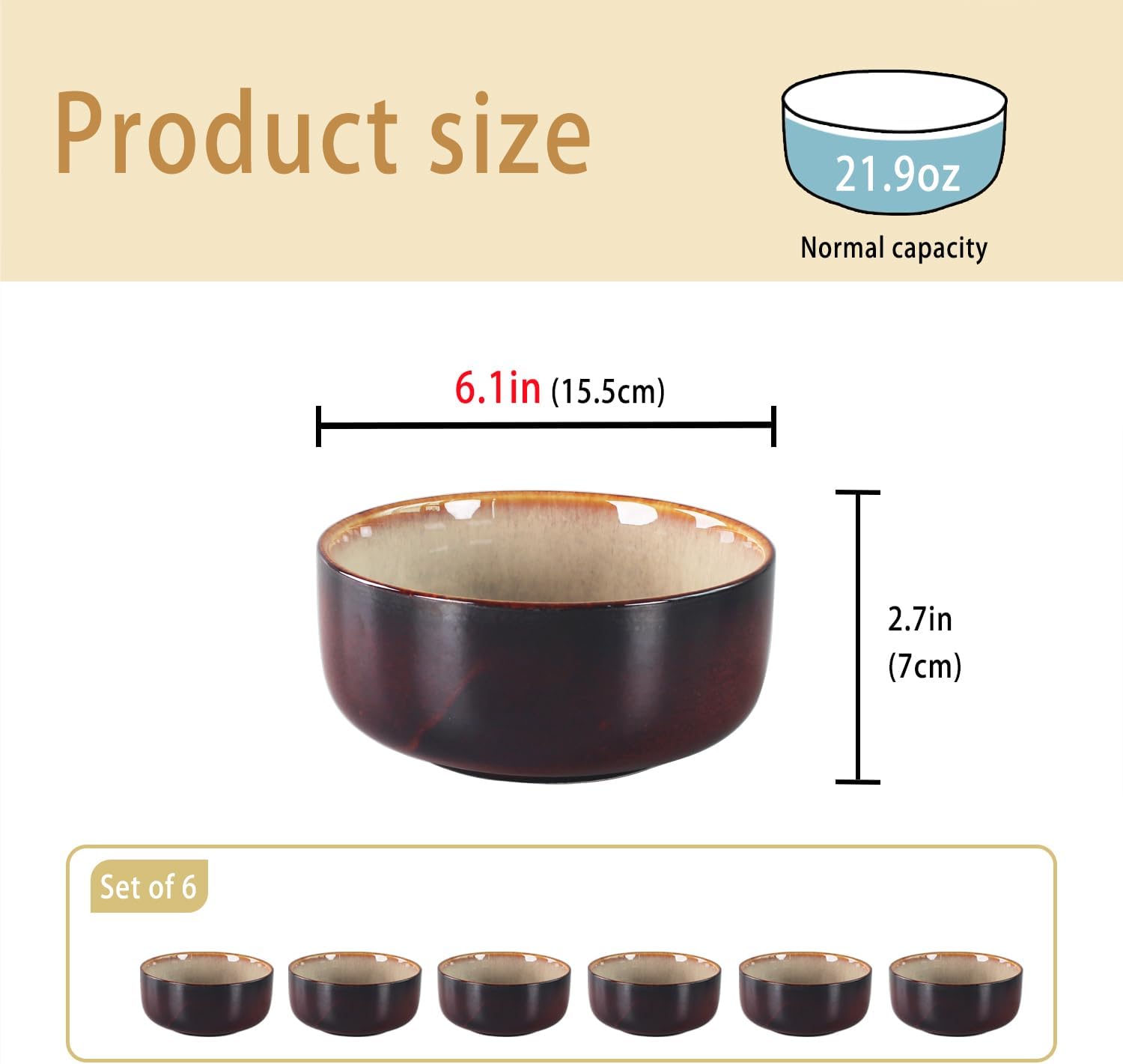 Ceramic Cereal Bowls Set, 22 Ounce, for dip, Soup, Salad, Pasta, Oatmeal, Ramen Bowls Set of 6 - Rice Dessert Cream Bowls Set - Chip Resistant Dishwasher Microwave Safe, 6.1 Inch