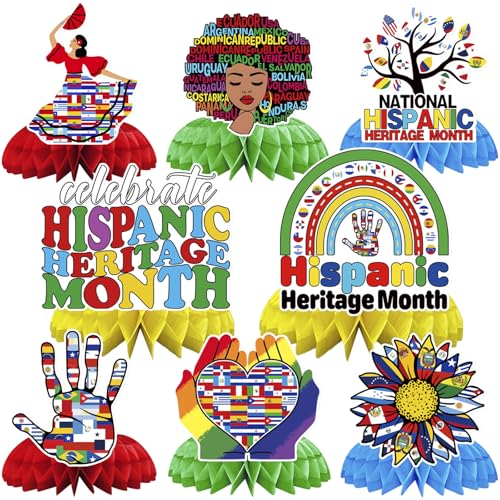 JULMELON 8PCS Hispanic Heritage Month Honeycomb Centerpieces, 3D Double Side National Spanish Latino Heritage Month Centerpieces for Tables Hispanic Heritage Decorations